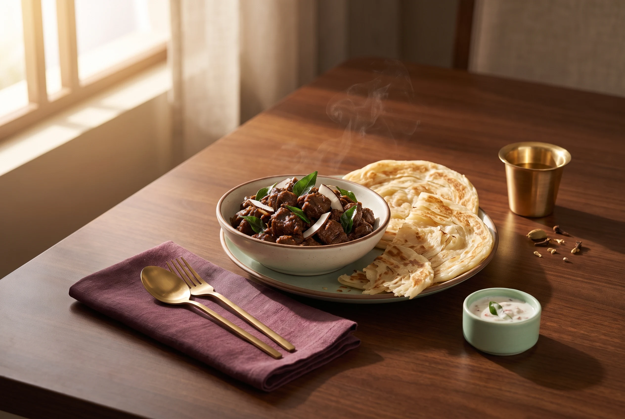 Kerala beef varattiyathu with coconut, curry leaves and flaky porotta