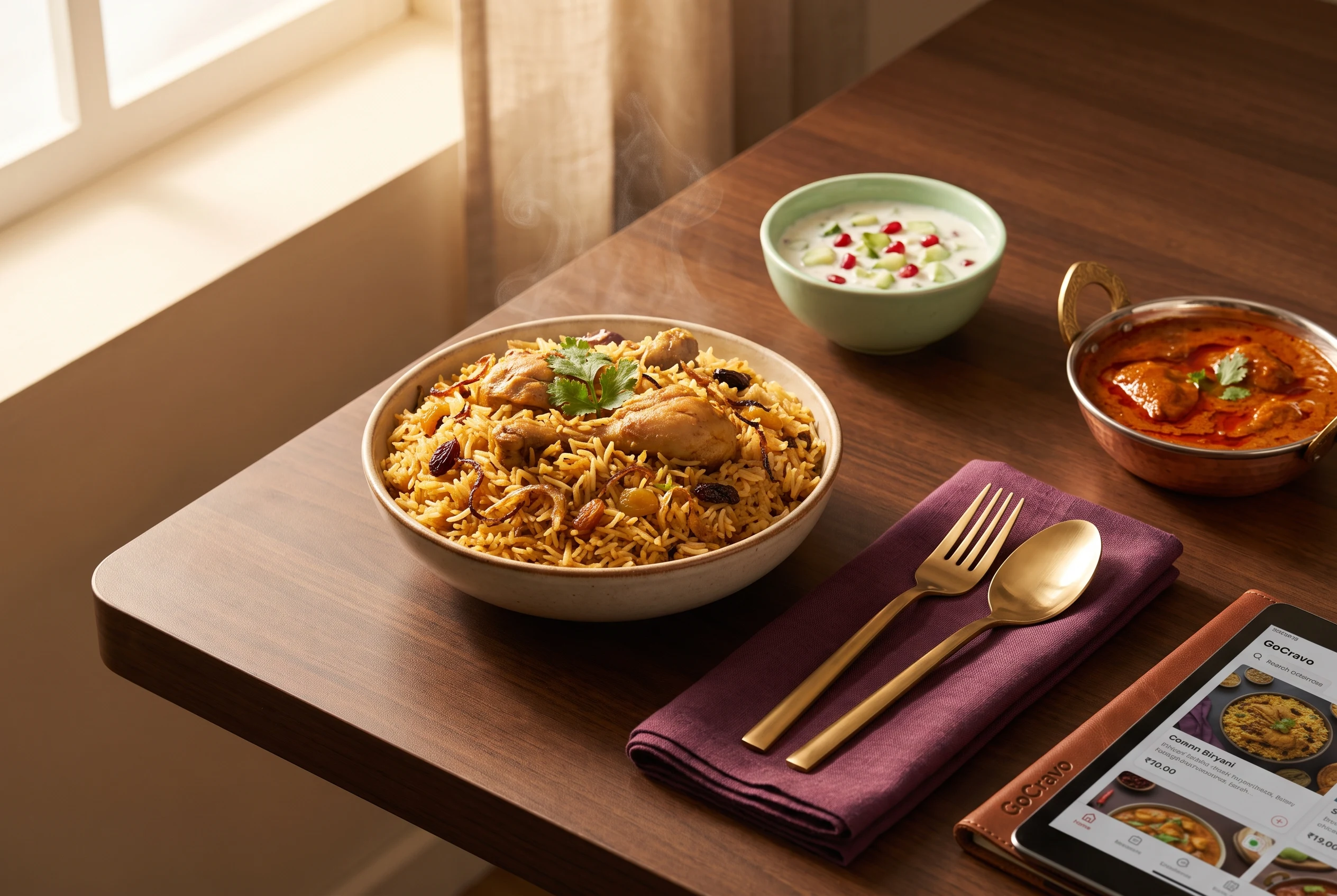 Family biryani delivery tray with raita and salad for an Al Warqa ordering guide