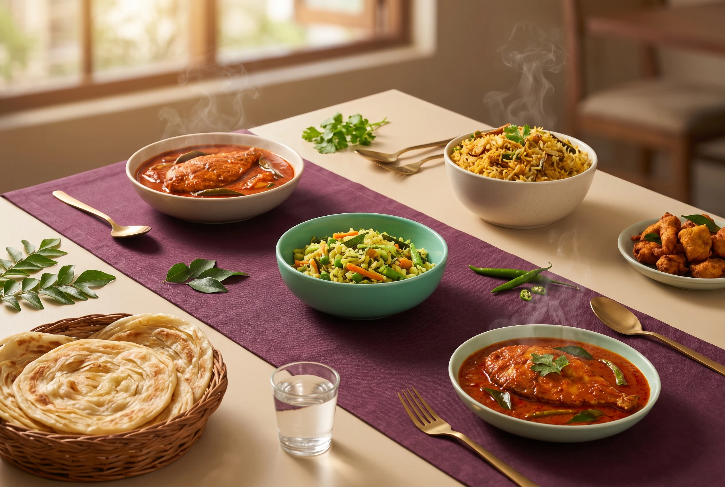 Kerala delivery spread with appam, porotta, stew, fish curry and thoran