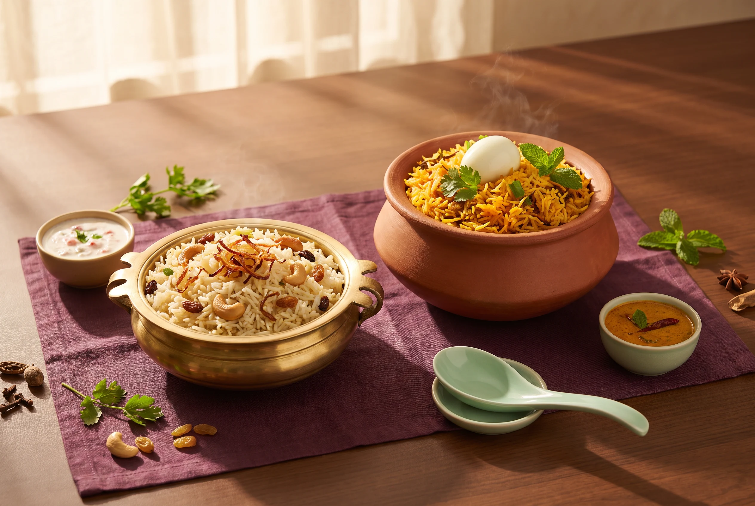 Malabar short-grain biryani beside Hyderabadi long-grain dum biryani
