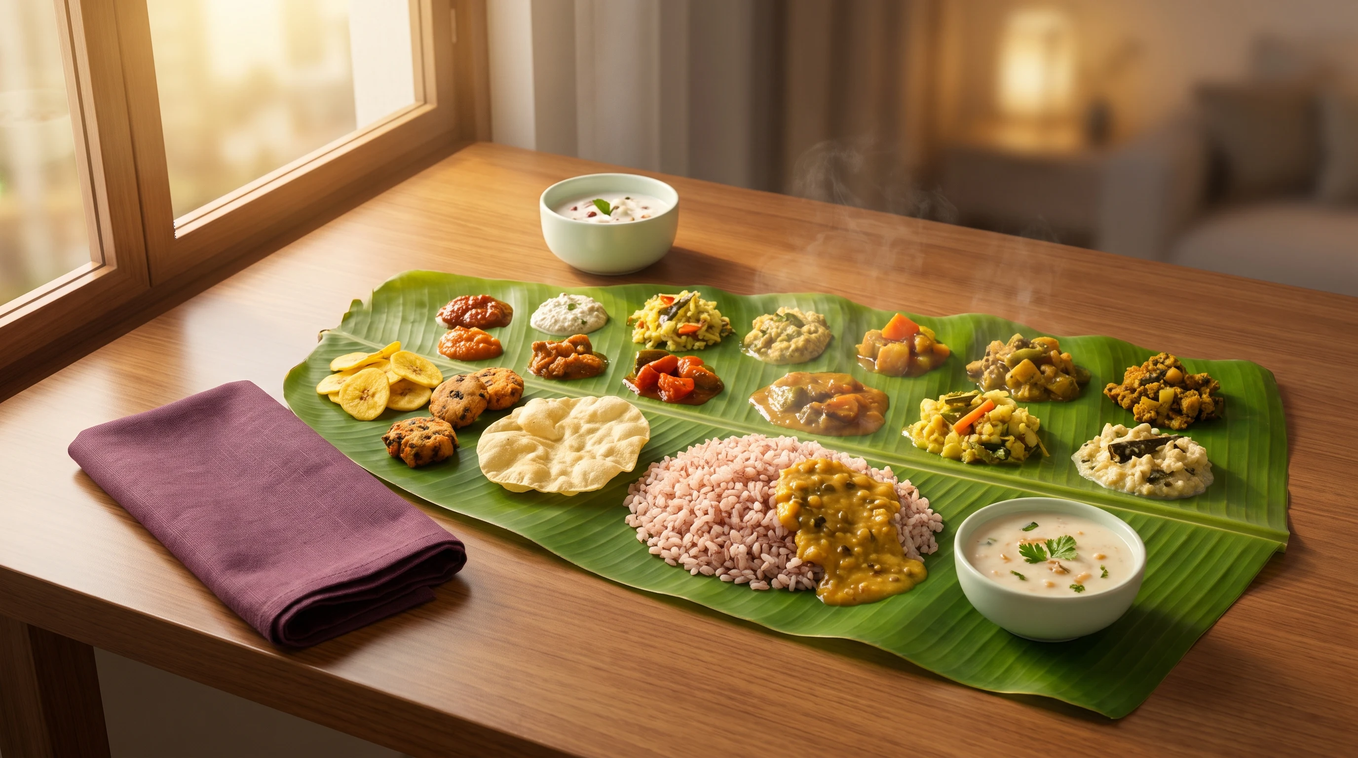 Traditional Onam Sadhya in Al Karama with Kerala red rice, vegetable curries, pappadam and payasam on a banana leaf