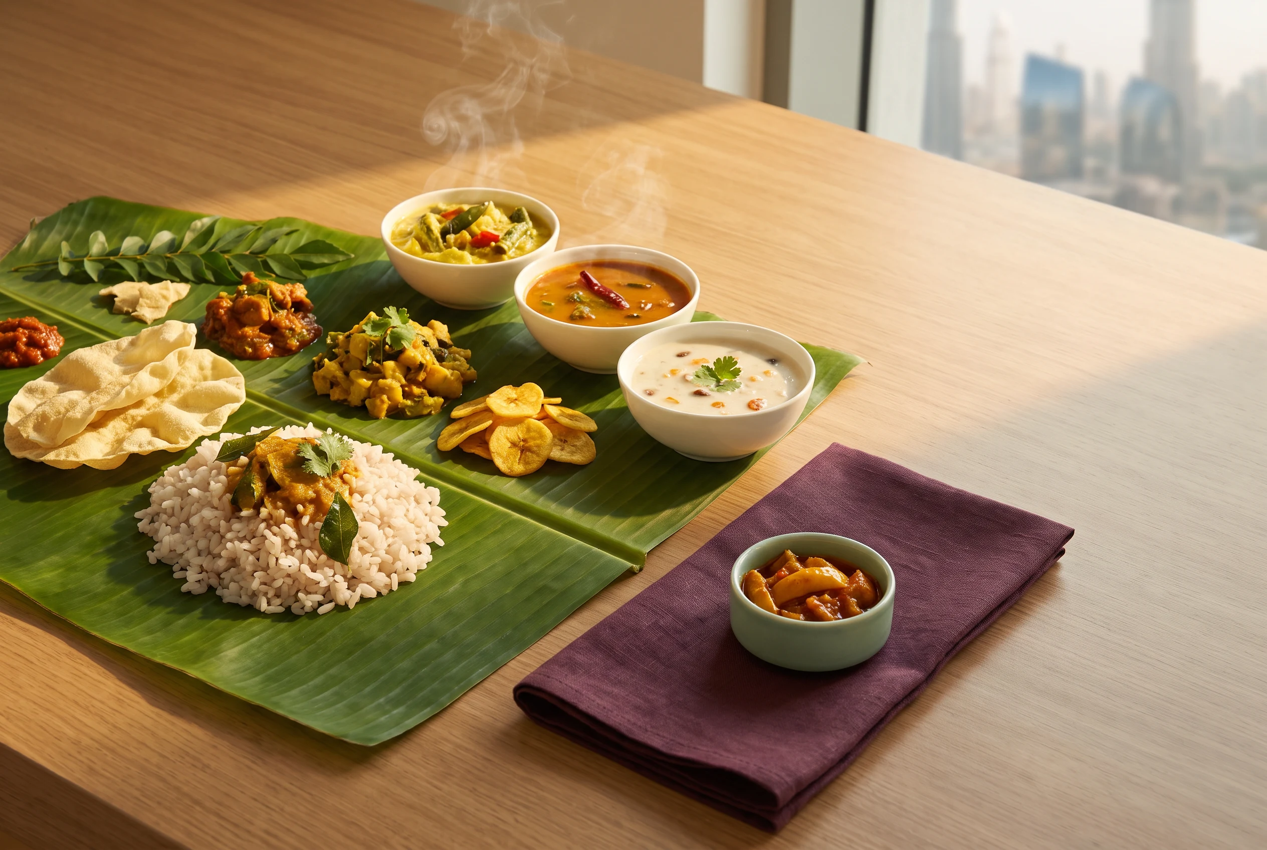 Traditional vegetarian Onam Sadhya served on a banana leaf with rice, curries, pappadam and payasam