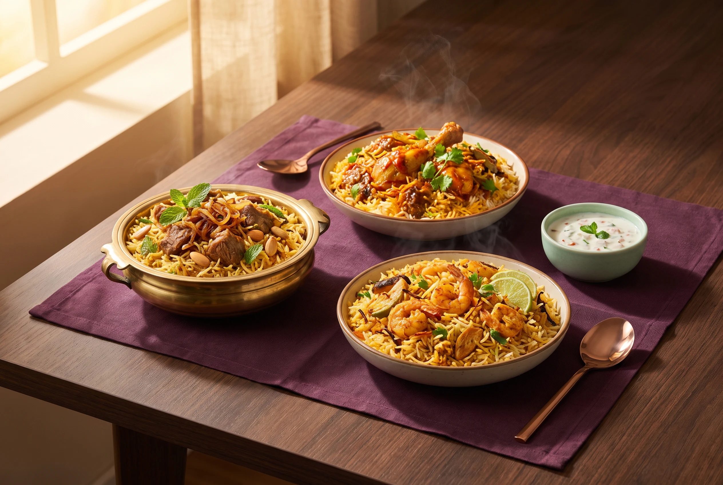 Eight regional biryani styles arranged with raita and curry sides