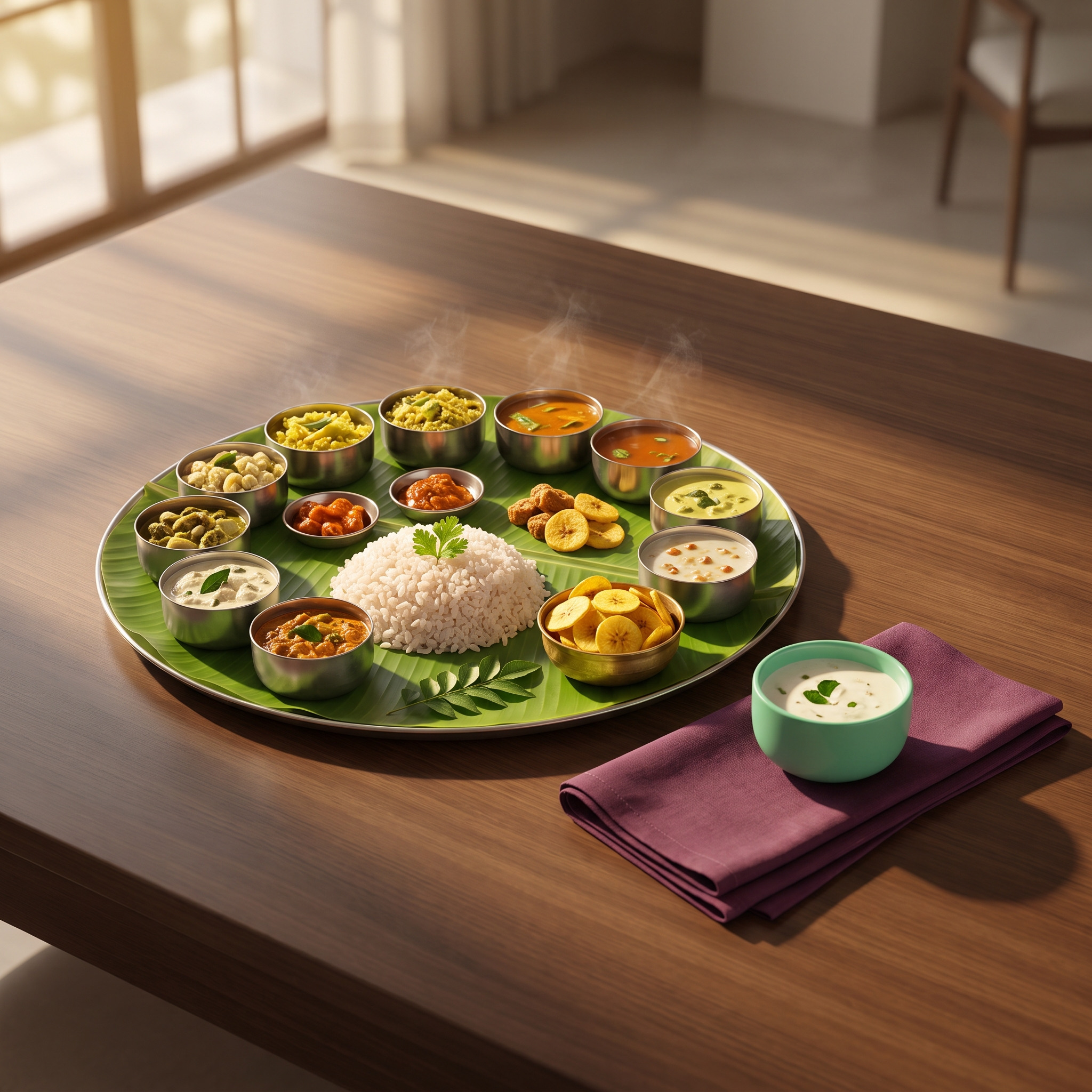 Bawabat Al Warqa Onam Sadya flyer showing dine-in and takeaway prices, a 27-item menu list and contact details for Al Warqa 1, Dubai