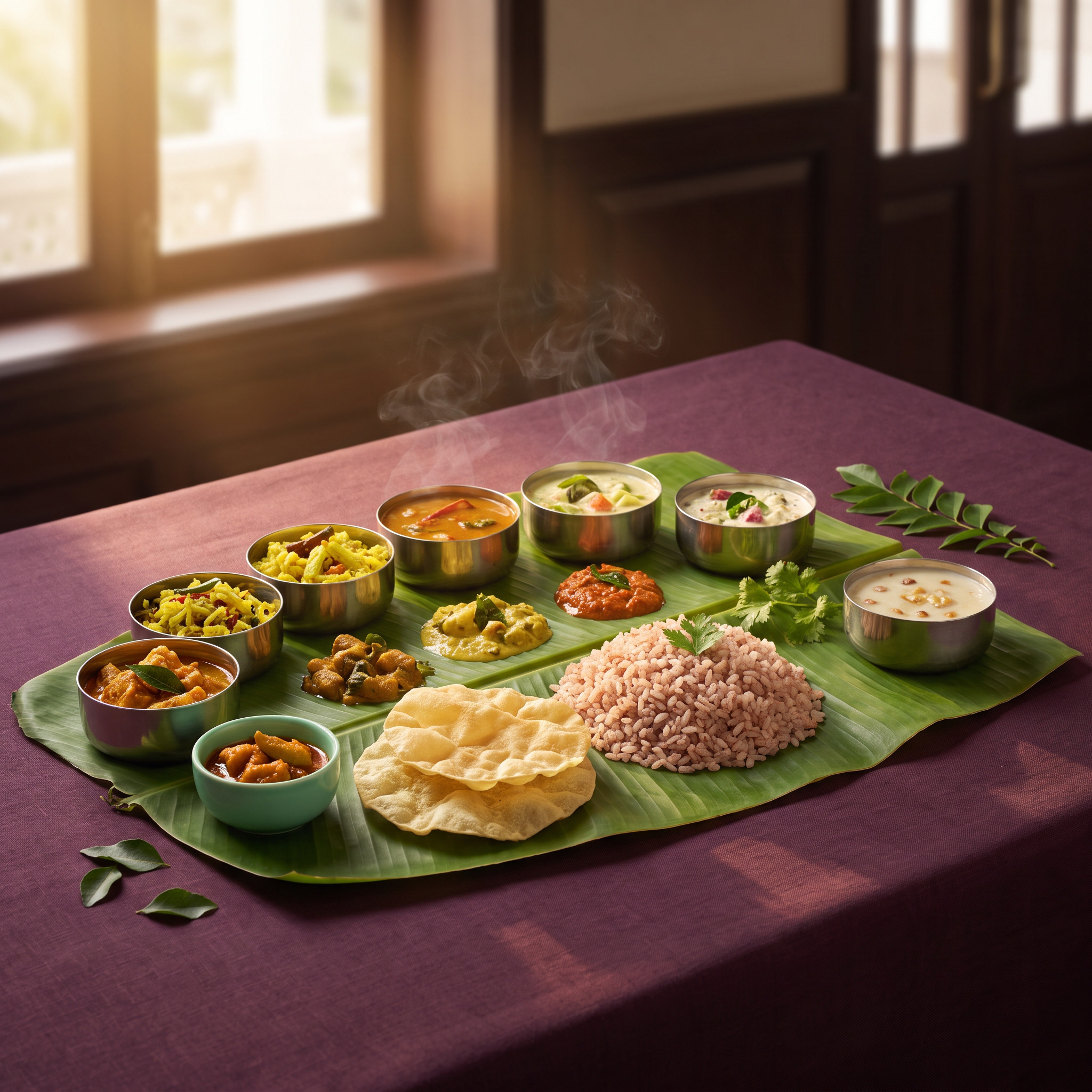 Kannur Star Onam Sadya flyer showing dine-in and parcel prices, a 25-item menu list and contact details for Al Warqa 1, Dubai