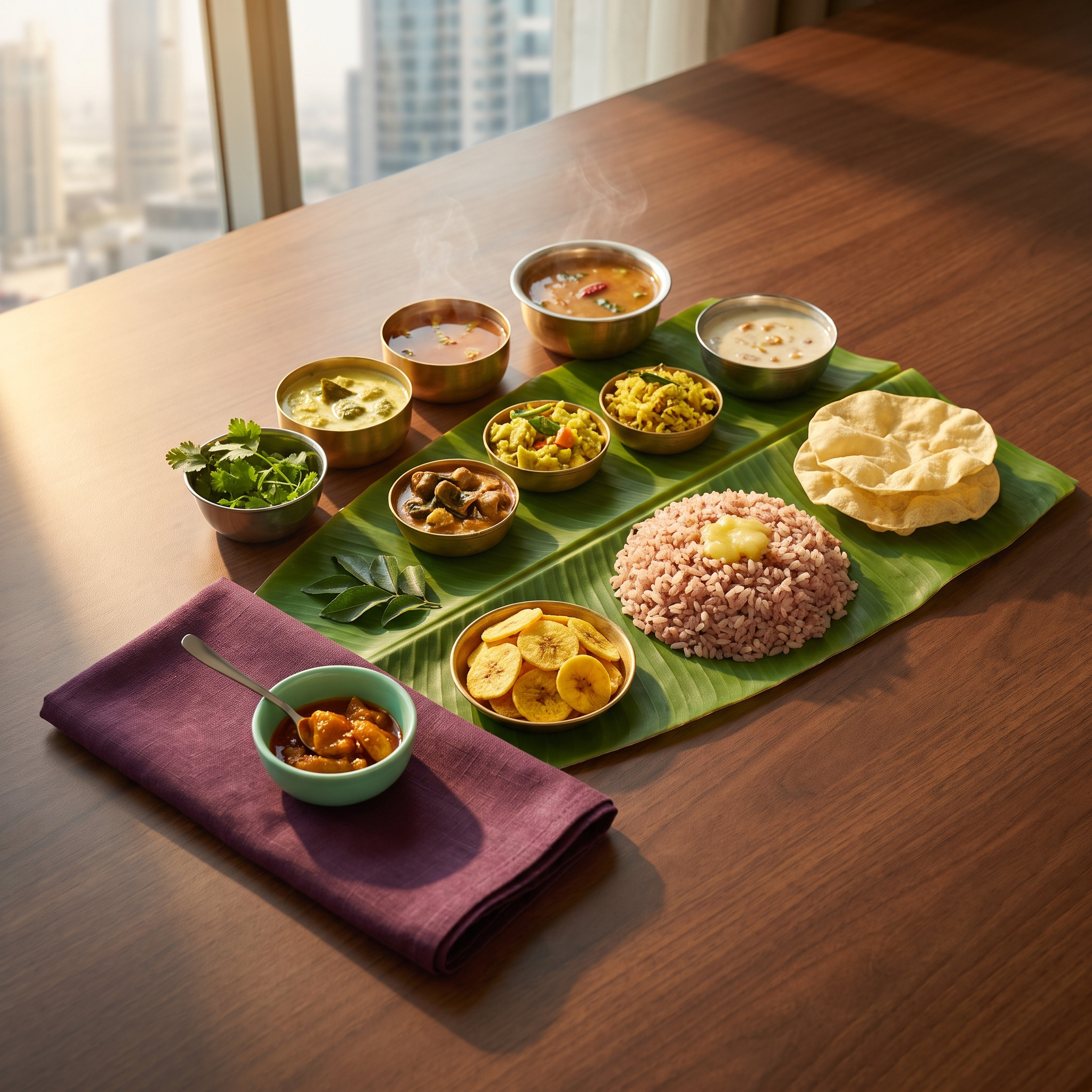 Nostaza Restaurant Onam Sadya 2026 flyer showing a 28-item banana-leaf sadya, dine-in and takeaway prices and contact details for Al Warqa 1, Dubai